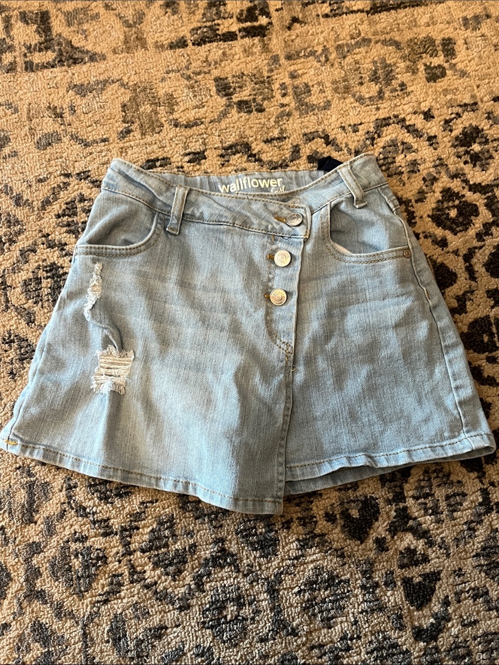 Wallflower Light Blue Distressed Denim Skort with Button Front